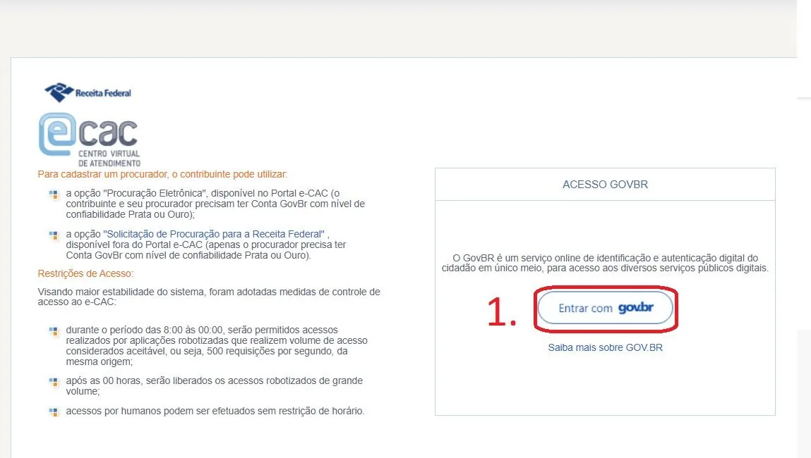 Tela inicial do e-CAC da Receita Federal, com o botão “Entrar com gov.br” marcado em vermelho.