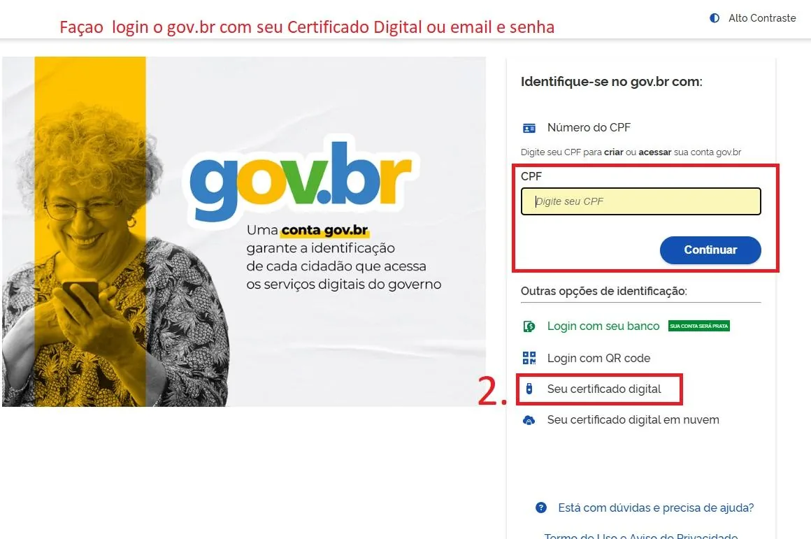 Tela de entrada do gov.br, com o campo do CPF e a opção “Seu certificado digital” marcados em vermelho.