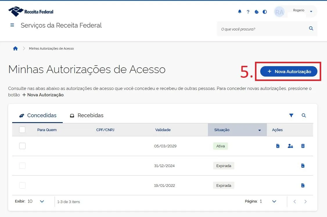Tela “Minhas Autorizações de Acesso”, com o botão “+ Nova Autorização” marcado em vermelho.