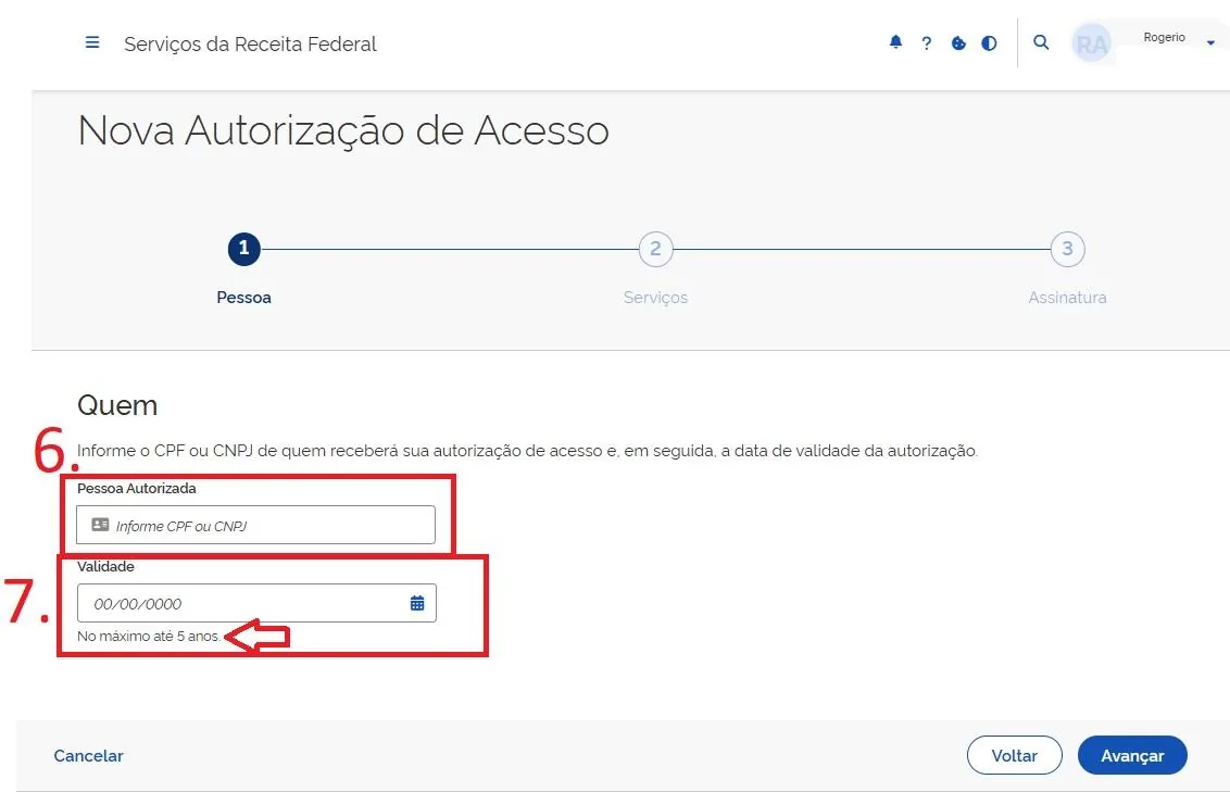 Tela “Nova Autorização de Acesso”, com os campos “Pessoa Autorizada” e “Validade” marcados em vermelho.