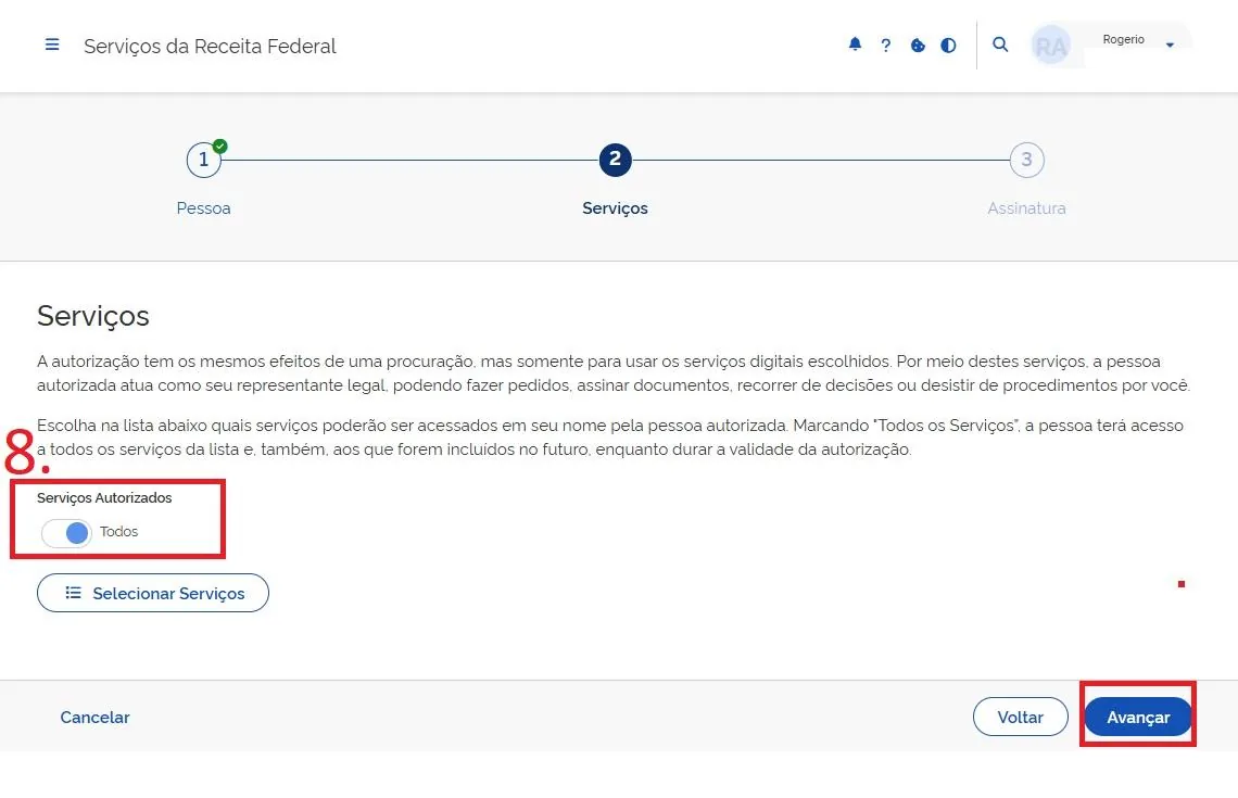 Tela “Serviços”, com “Serviços Autorizados: Todos” e o botão “Avançar” marcados em vermelho.