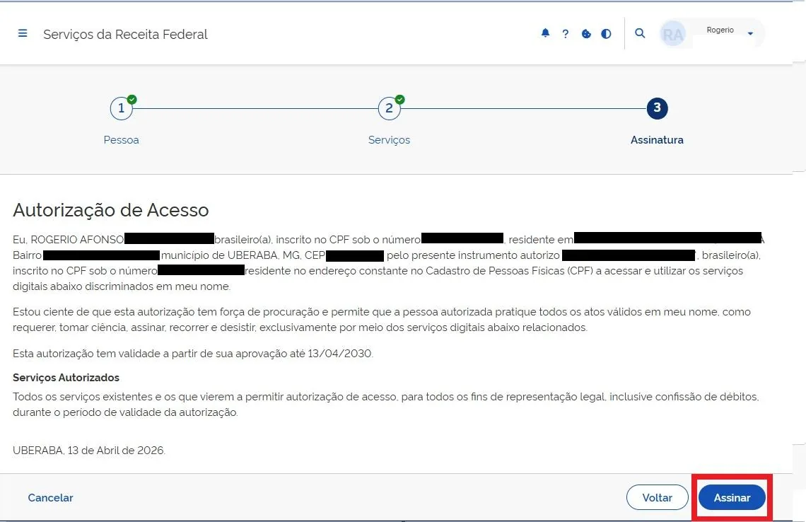 Tela “Autorização de Acesso”, com o texto da autorização e o botão “Assinar” marcado em vermelho.