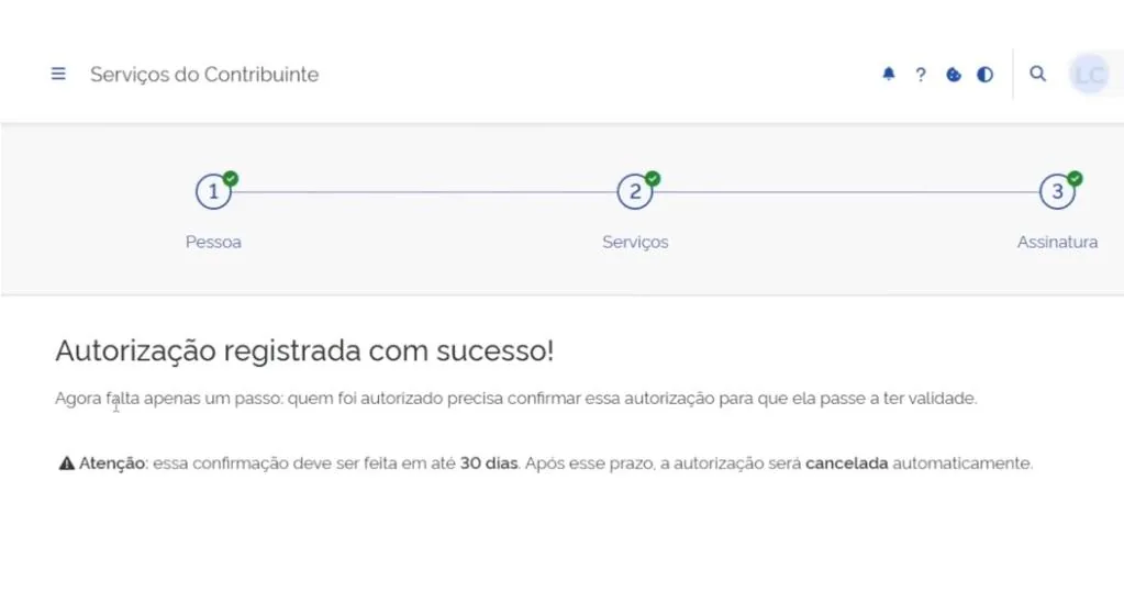 Tela da Receita Federal com a mensagem “Autorização registrada com sucesso!”.